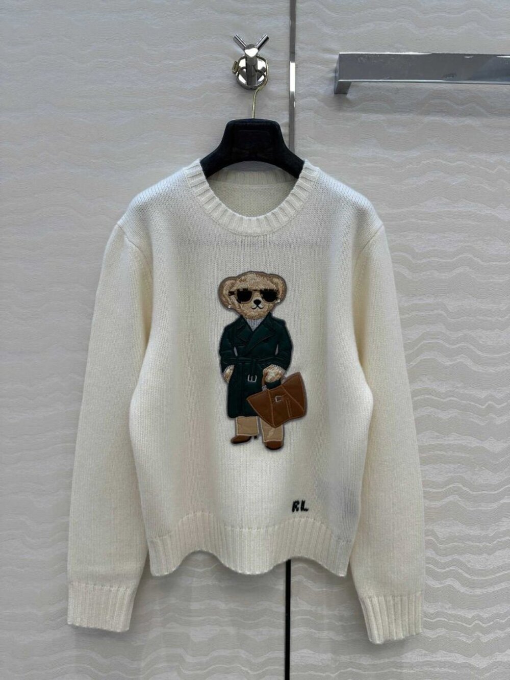 Polo Ralph Lauren Cream White Fancy Trench Coat Bear Embroidery Crewneck Sweater